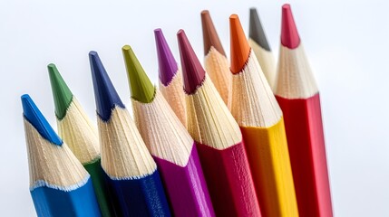 Fototapeta premium Vibrant Colored Pencils Arranged in Methodical Pattern on Pristine Background