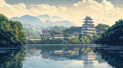 Fototapeta premium Serene Japanese Castle by Tranquil Lake with Mountainous Backdrop and Lush Greenery