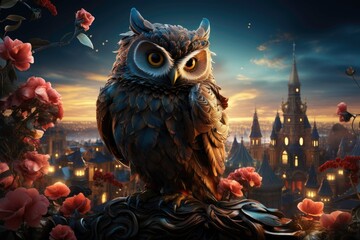 Captivating Professional Photo of an owl with beautiful feathers, a bright tail standing on a rooftop, and a stunning view of the city at the same time as the sun rises 