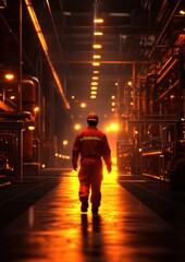 A worker strides confidently through a dimly lit industrial hallway, illuminated by the warm glow of machinery, embodying dedication and resilience in a powerful workspace.
