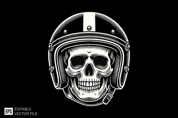 skull head wearing helmet dark art style vector design black and white illustration