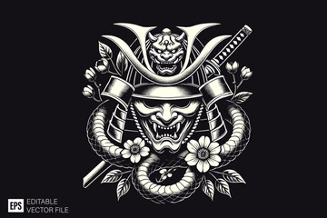 oni mask samurai dark art style vector design black and white illustration