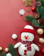 Christmas Tree Ornaments and Snowman Plush in a Cozy Top View Layout with Stars, Bells, and Snowflakes Mockup. Graphic art illustration