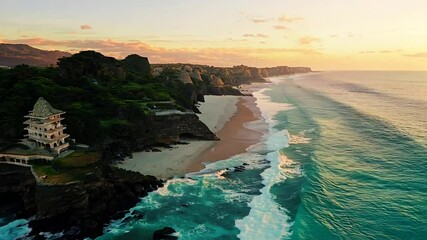 the Pura Luhur Uluwatu Temple with empty beach and sea waves at sunrise in Bali, Indonesia