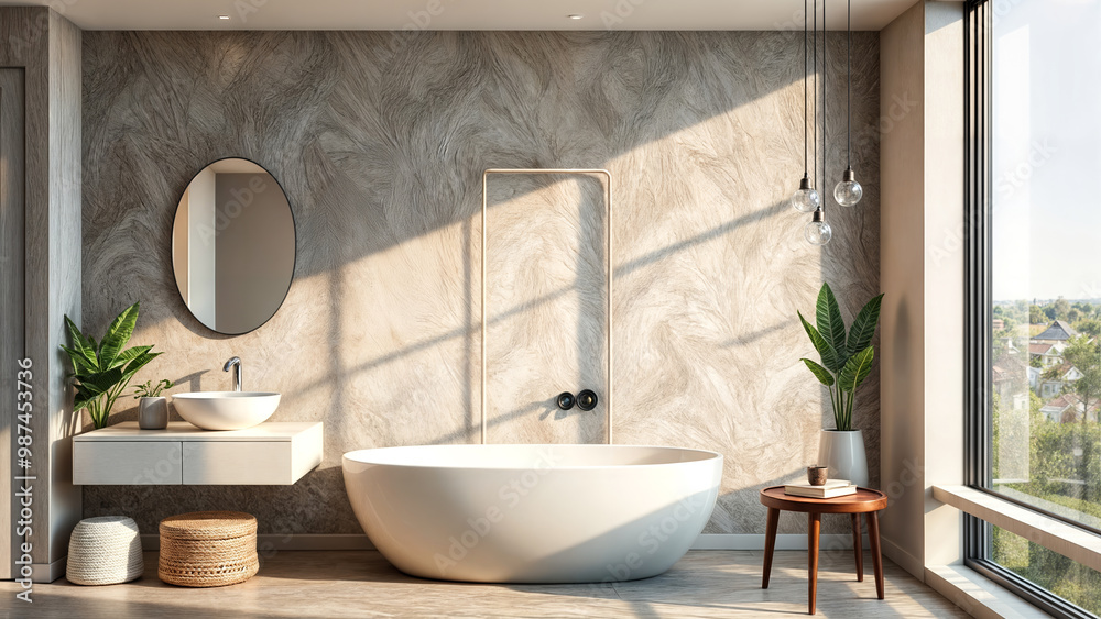 Wall mural modern bathroom with marble wall and freestanding bathtub receiving warm sunlight