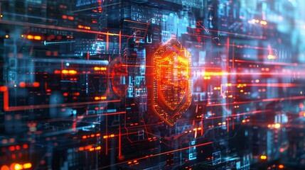 Obraz premium Futuristic cyber insurance concept with digital shield protecting network from online threats
