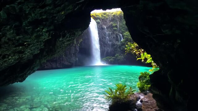 A tropical island with a majestic waterfall and river, surrounded by vegetation