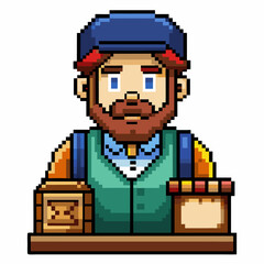 Pixel Art Character of a Bearded Man with Vest and Hat Sitting at a Wooden Counter