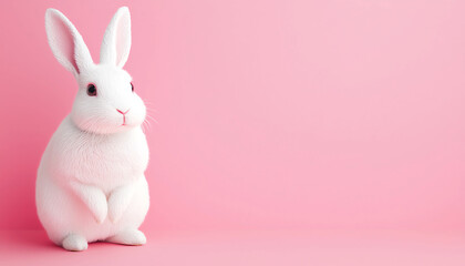 Obraz premium A fluffy white rabbit sits calmly against a soft pink background, creating a serene and cute visual that captures attention.
