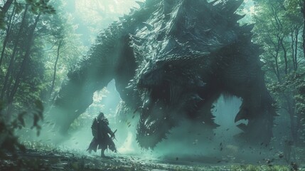 Dramatic showdown between a fantasy hero and a giant monster with scales, set in a dense, enchanted forest