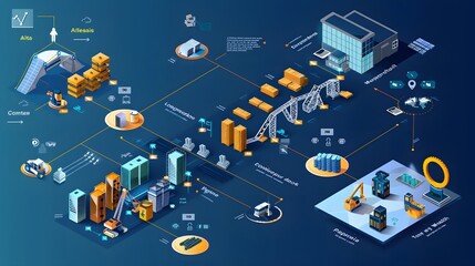 Asset Management Workflow: A detailed blueprint demonstrating the asset management process using BIM, featuring maintenance schedules, tracking systems, and visualizations of building upgrades and ren