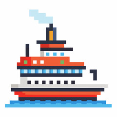 Pixel Art Cruise Ship Icon   Colorful Graphic of a Modern Passenger Vessel