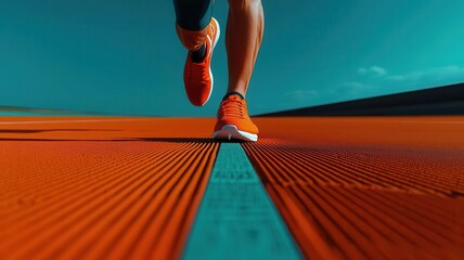 Design a dynamic low-angle image of a professional athlete testing sports equipment on a vibrant, futuristic sports field, showcasing power and precision for sports gear marketing