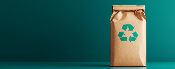 Recyclable paper bag with eco-friendly symbol on a teal background.