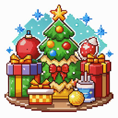 Festive Pixel Art Christmas Tree with Gifts and Decorations