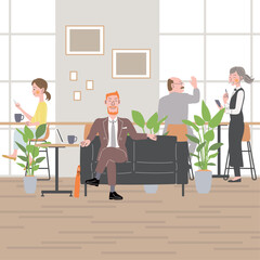 男性がカフェで仕事と休憩