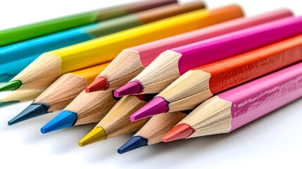Fototapeta premium Vibrantly Hued Colored Pencils Arranged in Striking Geometric Pattern on White Background