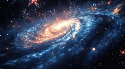 Obraz premium A 3D galaxy arm, with glowing stars, planets, and gas clouds spiraling outwards into space.