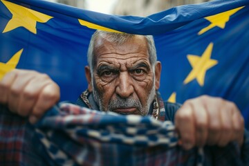 Immigrant senior and eu flag symbolize migration crisis. Immigration pressures lead to calls for policy overhaul in EU.  Allegory of defiance and resilience amidst geopolitical controversies.