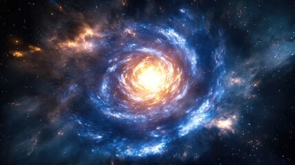 Fototapeta premium A 3D galaxy core radiating with intense light, surrounded by spiraling stars and nebulae.