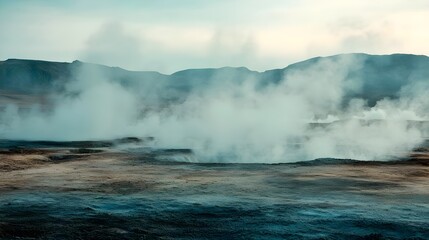 Steaming geothermal landscape, natural phenomena