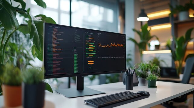 Modern Office Setup with Quantum Computing Display