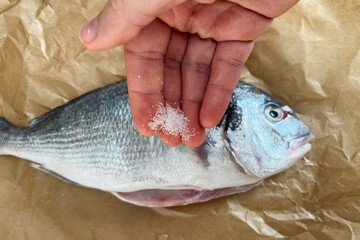 close up salt in hand on background on brown parchment paper lies whole raw dorado fish cleaned of entrails. top view. dinner lunch. cooking at home diet