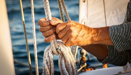 Sailor&rsquo;s Hands Working with Ropes and Knots