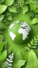 A vibrant green planet Earth stands out among lush trees, delicate flowers, and lively leaves, showcasing the importance of nature on a soothing pastel green backdrop