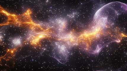 Obraz premium A cluster of glowing 3D galaxies floating in space, connected by filaments of gas and light.