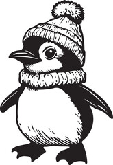 funny winter penguin wearing hat and scarf