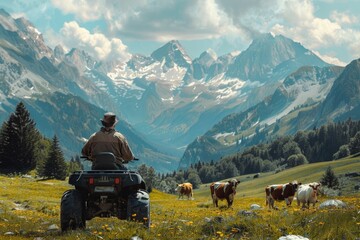 Man riding atv on dirt road near grazing cows in the mountains