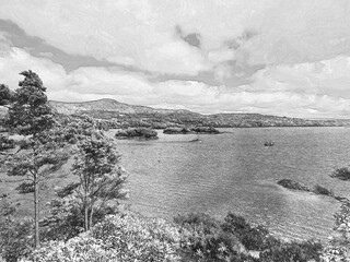 Green parks and rivers in Ireland, vivid Irish landscape background, pencil drawn sketch illustration