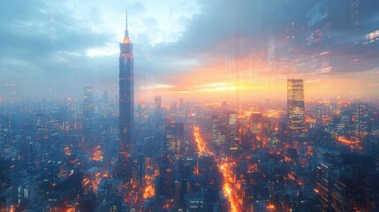 Cityscape at Sunset with Digital Overlay