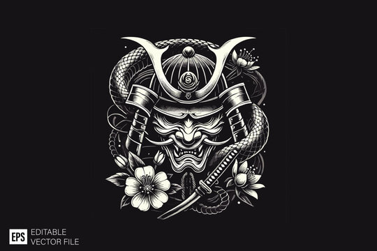 oni mask samurai dark art style vector design black and white illustration