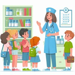 School health worker conducts survey. Nurse tells students information about health and hygiene