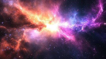 Naklejka premium A glowing 3D nebula expanding through space, casting colorful light across a distant galaxy.
