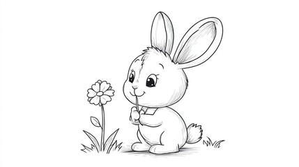 A cartoon image of a rabbit smelling a flower.