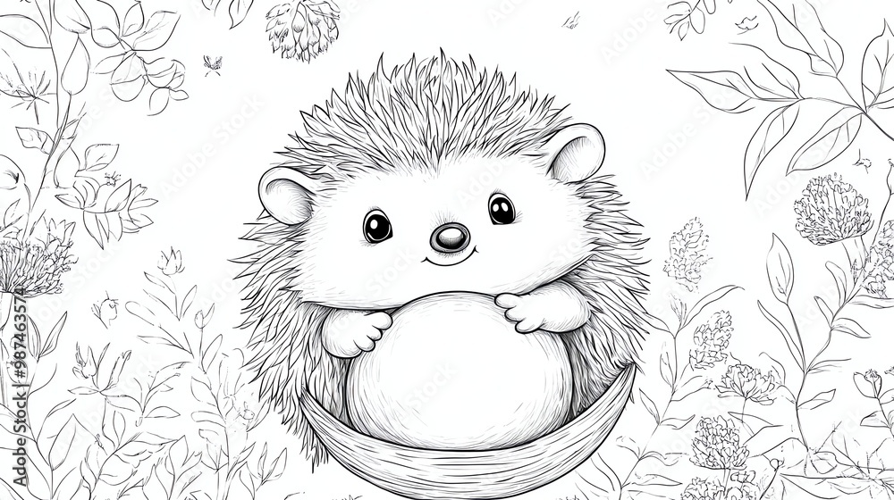 Wall mural Black and white line drawing of a cute hedgehog surrounded by flowers and leaves.