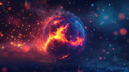Obraz premium A glowing 3D sphere of fire floating in space, with bright, flickering flames burning in vibrant colors.