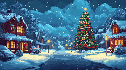 Illustration 8 bit pixel of christmas background.