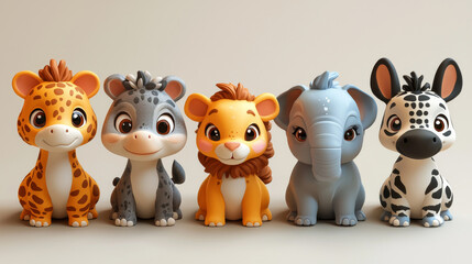 Naklejka premium Five adorable cartoon animals sit in a row, including a giraffe, zebra, elephant, lion, and zebra.