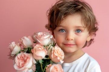 Adorable child holding bouquet of pink roses on pink background