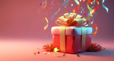 Fototapeta premium Festive gift box with colorful ribbons and confetti, perfect for celebrations.