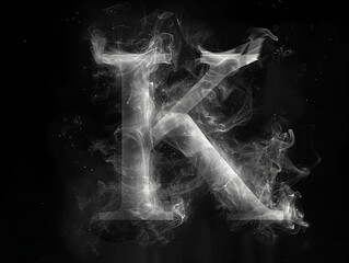 Smoke effect gray alphabet on black background. Letter K. 