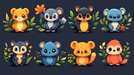 Fototapeta premium Cute cartoon animals with big eyes and floral decorations.