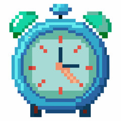 Retro Pixel Art Alarm Clock with Bell Icon in Blue and Green Shades