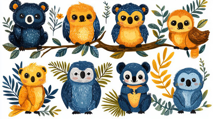 Fototapeta premium Cute blue and yellow cartoon animals with big eyes