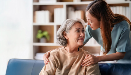 Close-Up Depiction of a Woman Assisting an Elderly Person with Care and Support