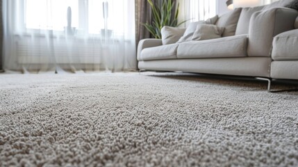 Interior of modern living room with stylish carpet, armchair and grey sofa